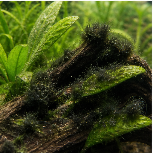 Άλγη βούρτσας noires sur une racine d'aquarium